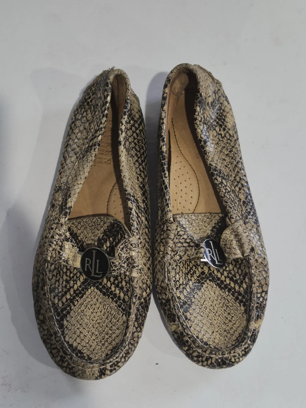 Ralph Lauren Snake-Print Driving Loafers in Beige